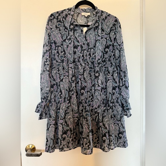 Elan Long Sleeve Paisley Mini Dress with Tie at the Neck in Size Small